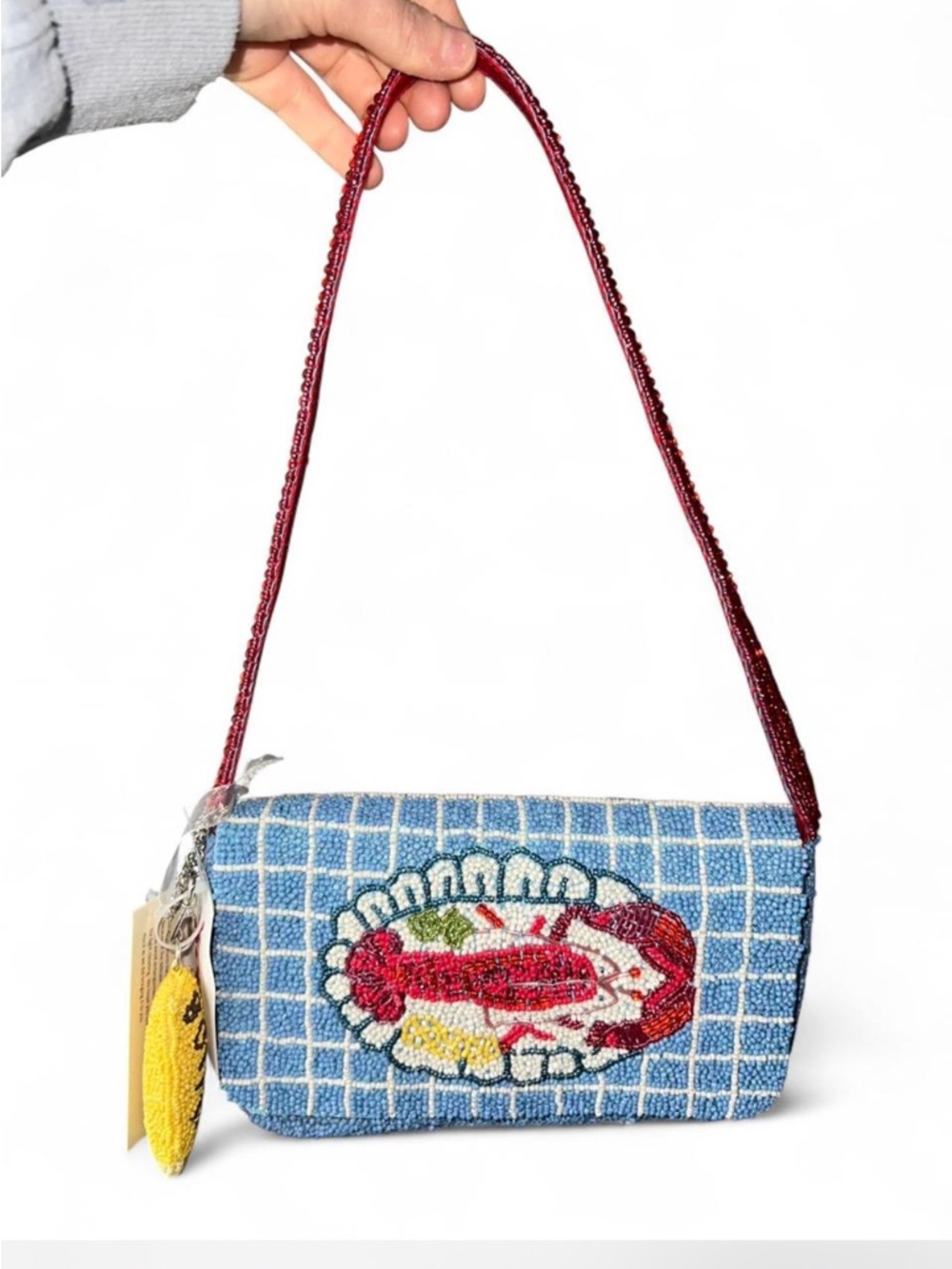 lobster dinner butter beaded shoulder bag with bag charm made in india